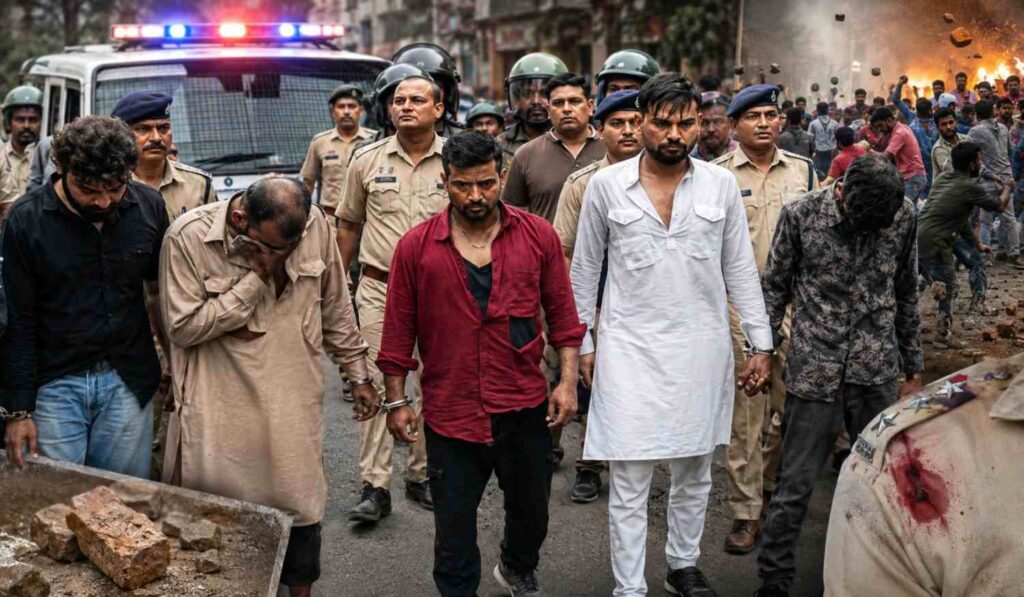 बिलासपुर हिंसा मामले में गिरफ्तार आरोपियों को पुलिस जुलूस में ले जाती हुई
